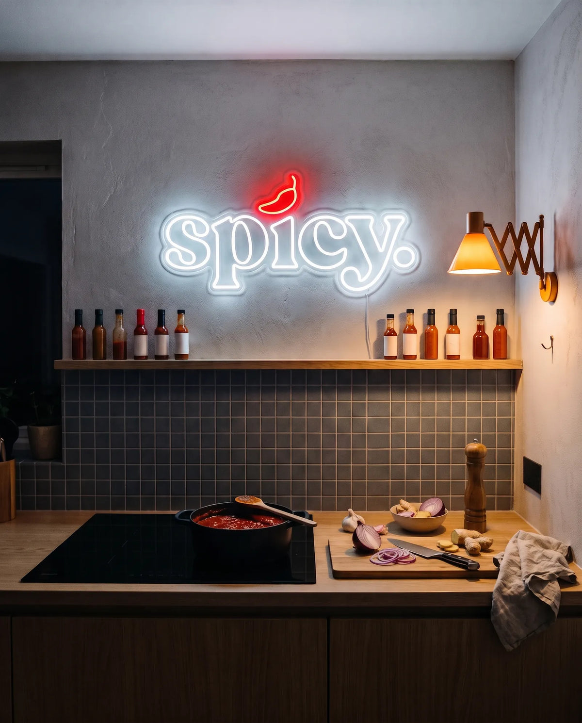 Néon LED spicy au-dessus d’une étagère de sauces piquantes, cocotte sur la plaque et planche à découper