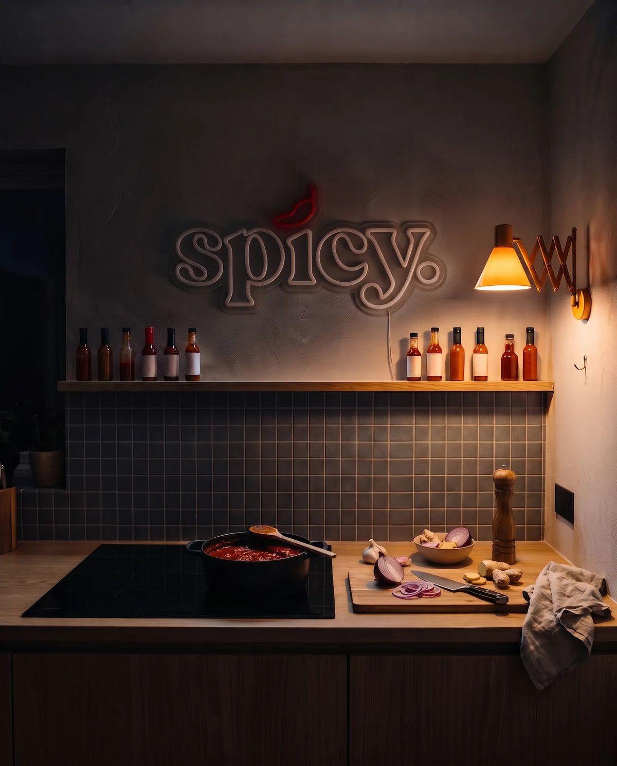Néon spicy éteint dans une cuisine le soir, sauces piquantes sur l’étagère et crédence en carreaux gris
