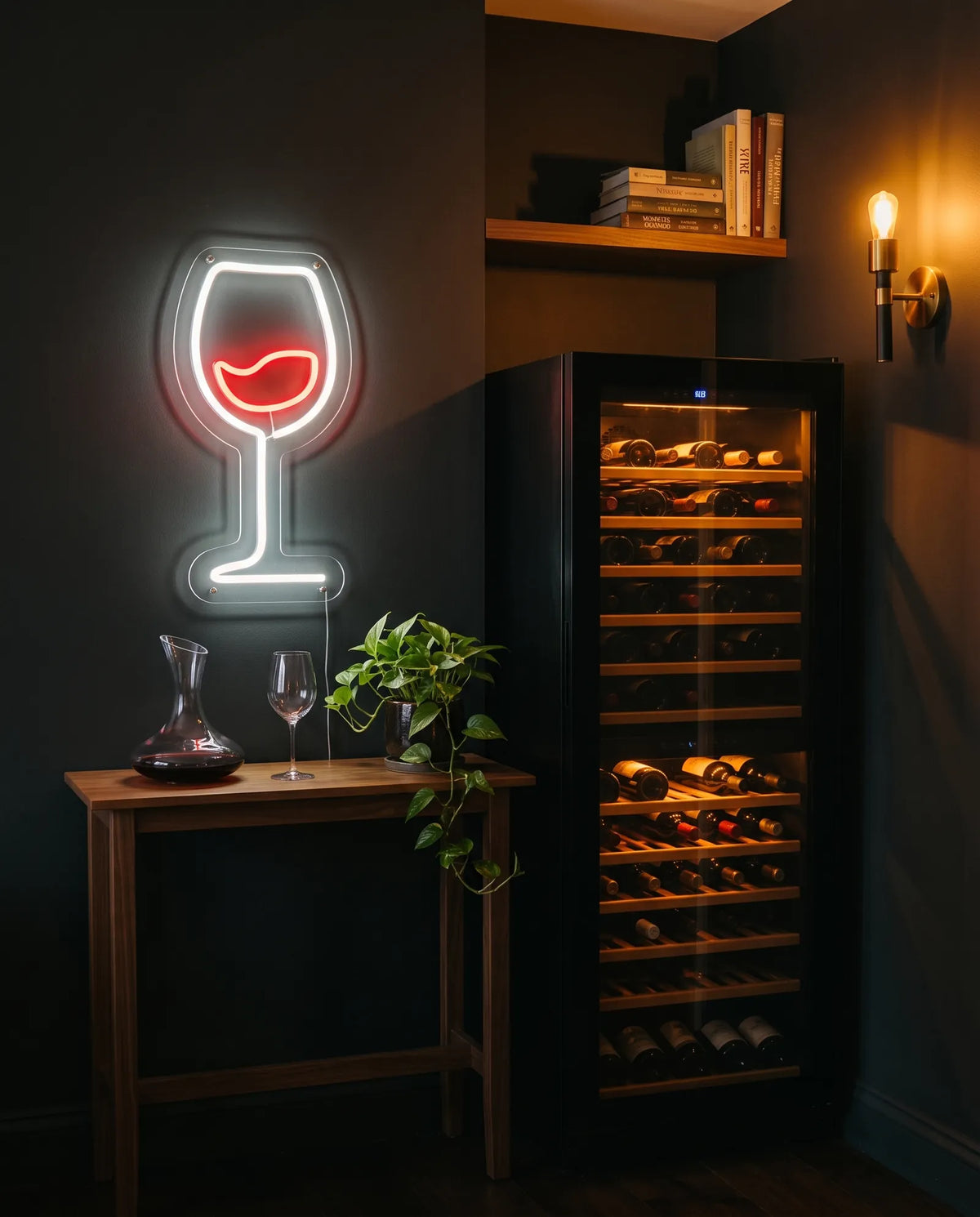 Néon LED verre de vin sur un mur sombre à côté d’une cave à vin, carafe et plante sur une console en bois